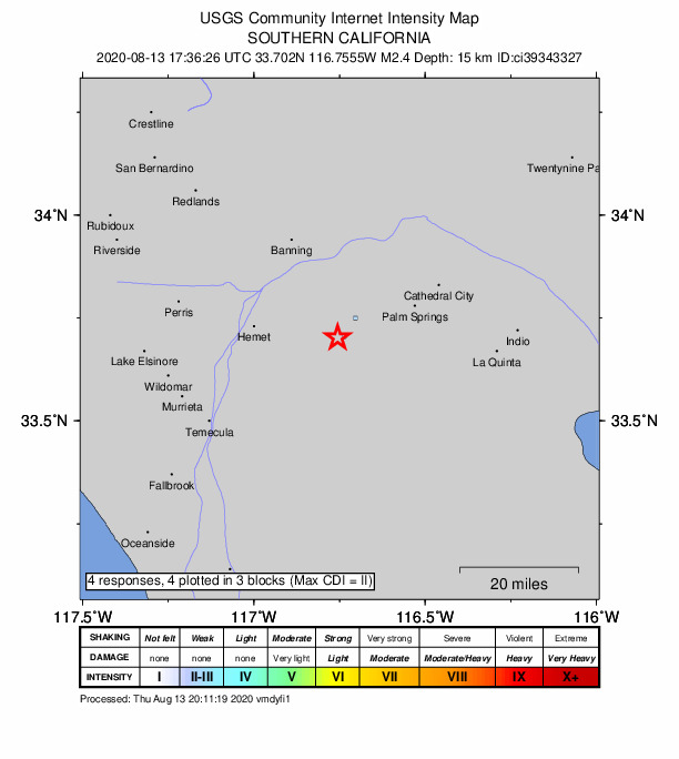 USGS DYFI community-reported intensity map for the M2.4 earthquake near 6km SW of Idyllwild, CA