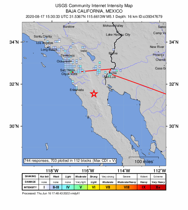 USGS DYFI community-reported intensity map for the M5.1 earthquake near 88km ESE of Maneadero, B.C., MX