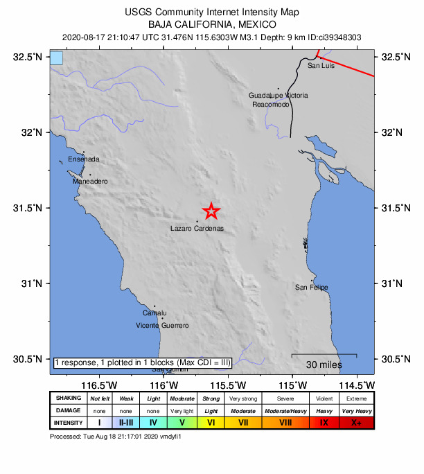 USGS DYFI community-reported intensity map for the M2.7 earthquake near 53 km E of San Vicente, Mexico