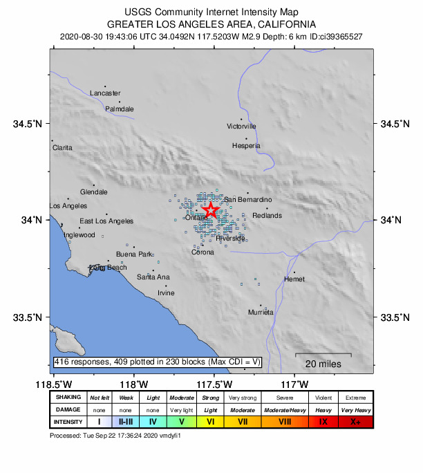USGS DYFI community-reported intensity map for the M2.9 earthquake near 5km NW of Glen Avon, CA