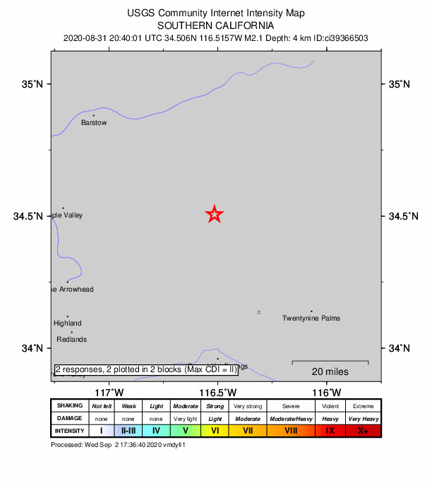 USGS DYFI community-reported intensity map for the M2.1 earthquake near 40km SW of Ludlow, CA