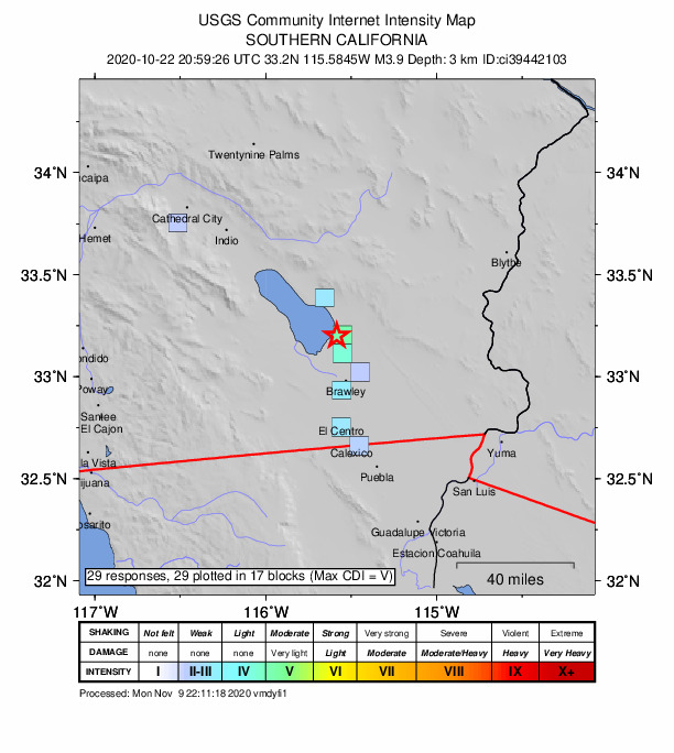 USGS DYFI community-reported intensity map for the M3.9 earthquake near 8km SW of Niland, CA