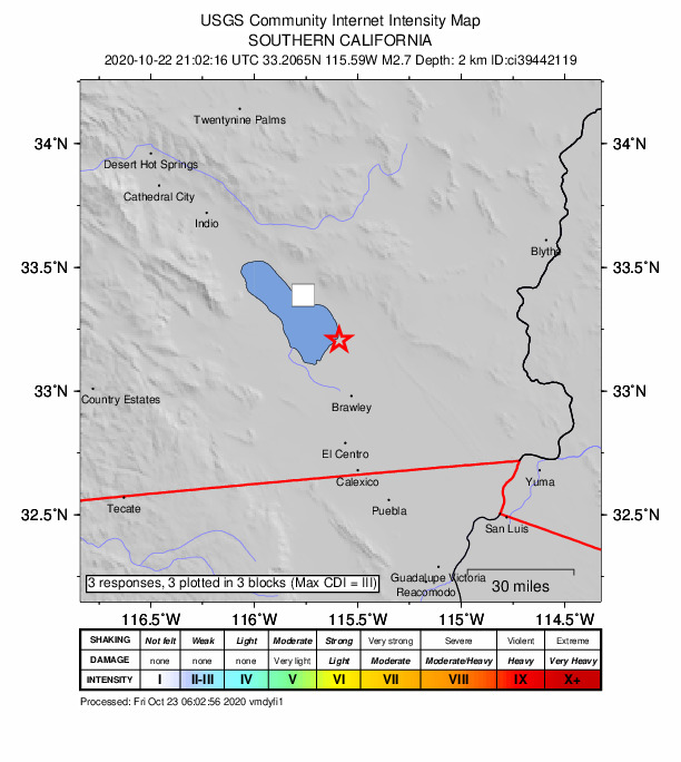 USGS DYFI community-reported intensity map for the M2.7 earthquake near 8km WSW of Niland, CA