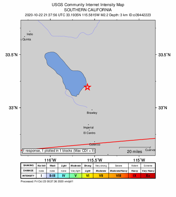 USGS DYFI community-reported intensity map for the M2.2 earthquake near 8km SW of Niland, CA