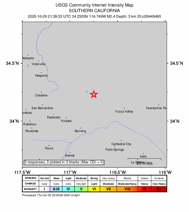 USGS DYFI community-reported intensity map for the M2.4 earthquake near 10km ESE of Big Bear City, CA