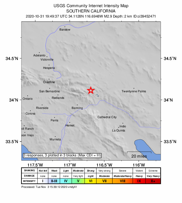 USGS DYFI community-reported intensity map for the M2.9 earthquake near 13km NW of Morongo Valley, CA