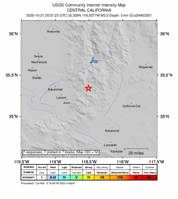 USGS DYFI community-reported intensity map for the M3.0 earthquake near 24km NNW of Tehachapi, CA