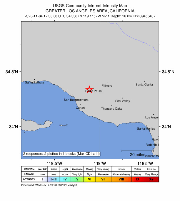 USGS DYFI community-reported intensity map for the M2.1 earthquake near 6km WSW of Santa Paula, CA