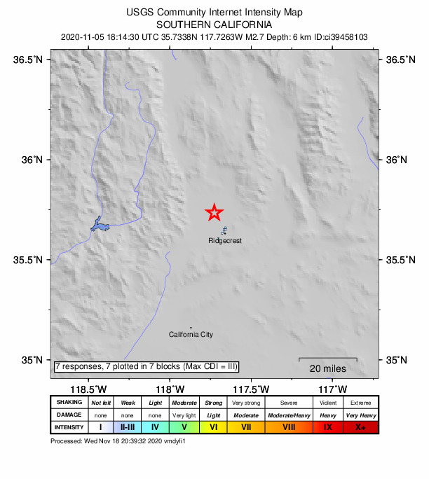 USGS DYFI community-reported intensity map for the M2.7 earthquake near 12km NE of Inyokern, CA