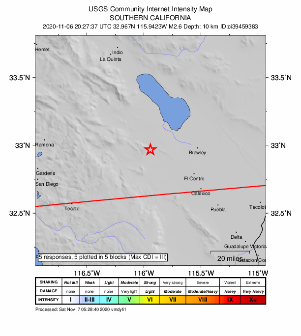 USGS DYFI community-reported intensity map for the M2.6 earthquake near 26km N of Ocotillo, CA