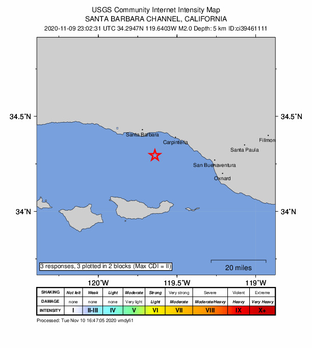 USGS DYFI community-reported intensity map for the M2.0 earthquake near 15km SSE of Santa Barbara, CA