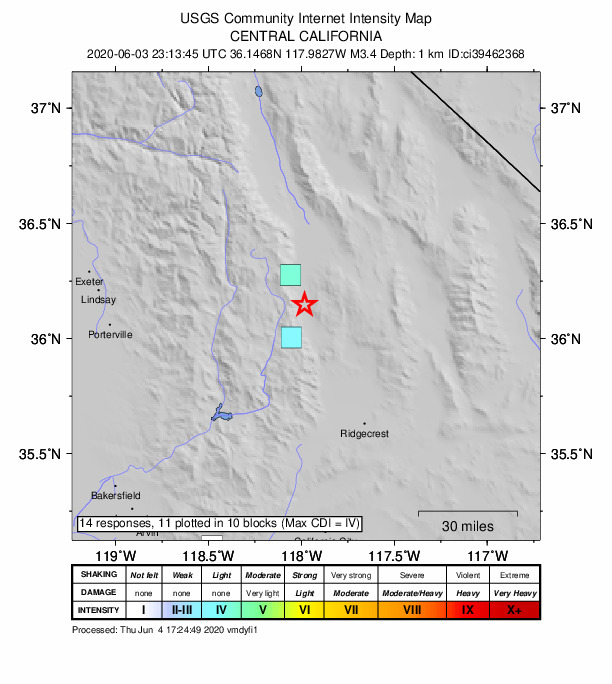 USGS DYFI community-reported intensity map for the M3.4 earthquake near 12km NNW of Coso Junction, CA