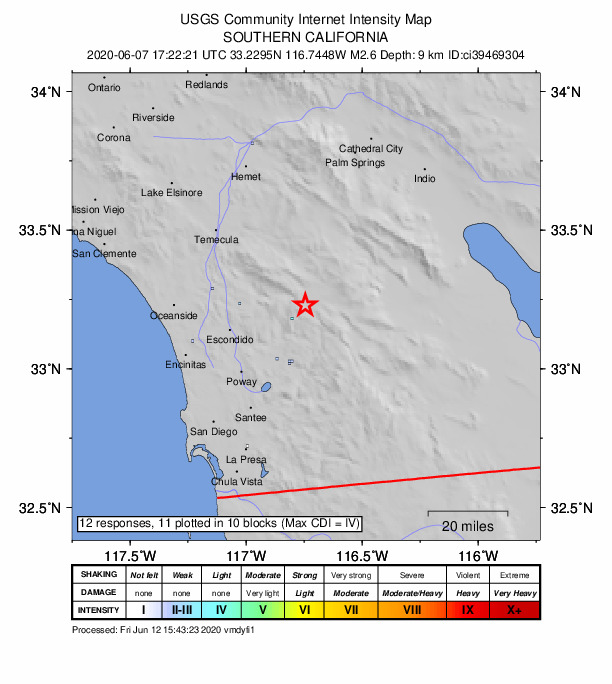 USGS DYFI community-reported intensity map for the M2.6 earthquake near 2km SE of Lake Henshaw, CA