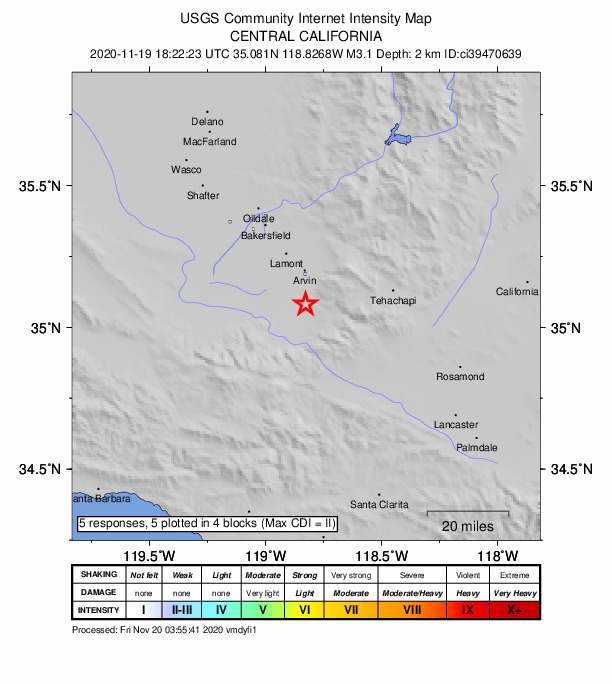 USGS DYFI community-reported intensity map for the M3.1 earthquake near 14km S of Arvin, CA