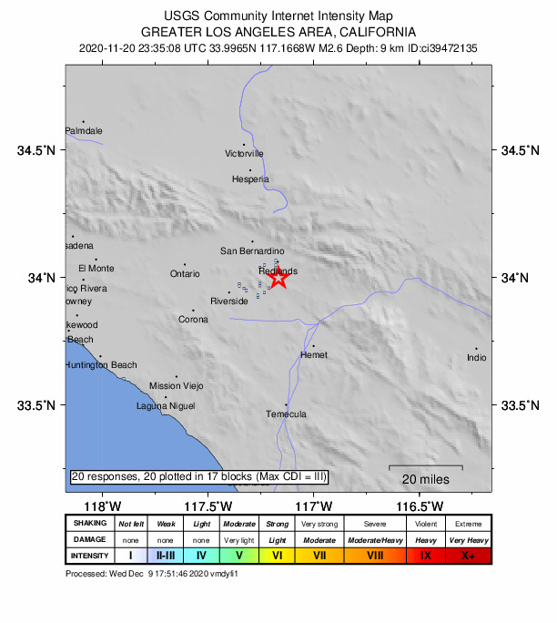 USGS DYFI community-reported intensity map for the M2.6 earthquake near 7km SSE of Redlands, CA