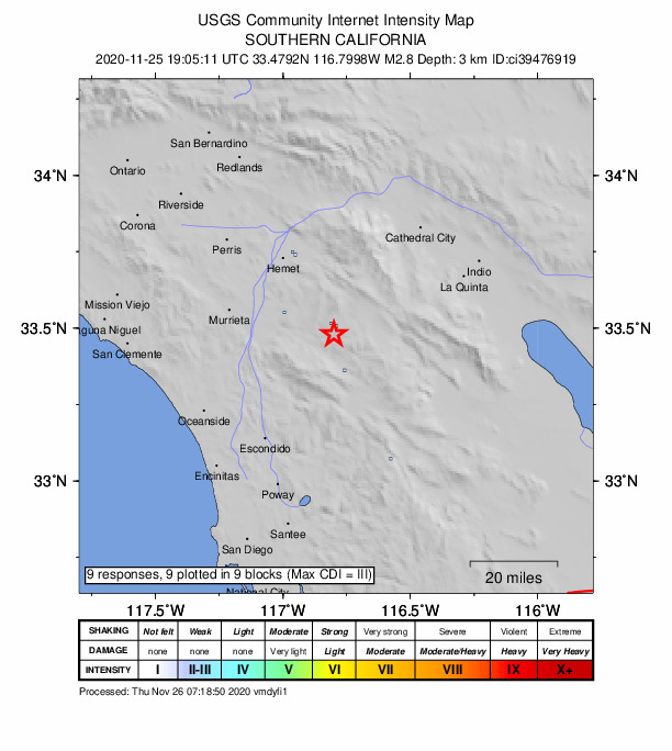 USGS DYFI community-reported intensity map for the M2.8 earthquake near 7km NE of Aguanga, CA