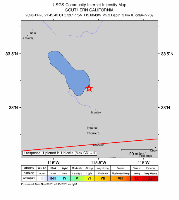 USGS DYFI community-reported intensity map for the M2.3 earthquake near 10km NW of Calipatria, CA