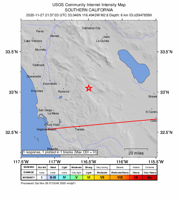 USGS DYFI community-reported intensity map for the M2.8 earthquake near 11km ESE of Julian, CA