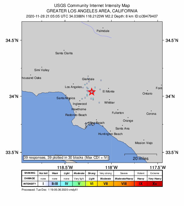 USGS DYFI community-reported intensity map for the M2.2 earthquake near 4km ESE of Los Angeles, CA