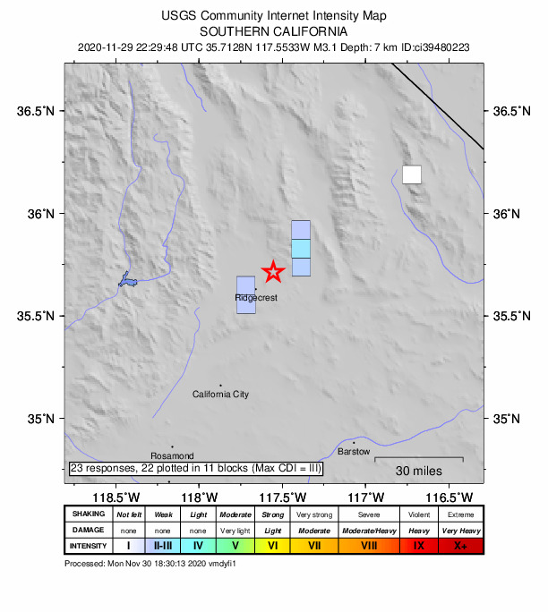 USGS DYFI community-reported intensity map for the M3.1 earthquake near 15km WSW of Searles Valley, CA