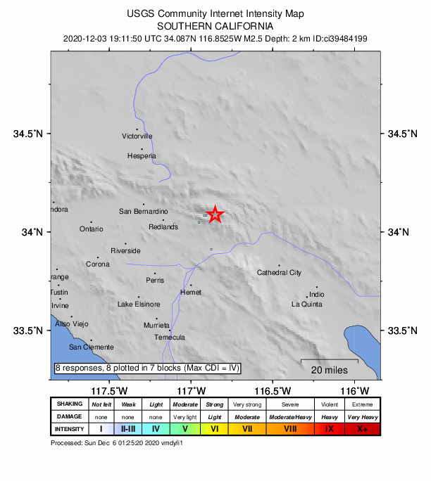 USGS DYFI community-reported intensity map for the M2.5 earthquake near 18km N of Banning, CA