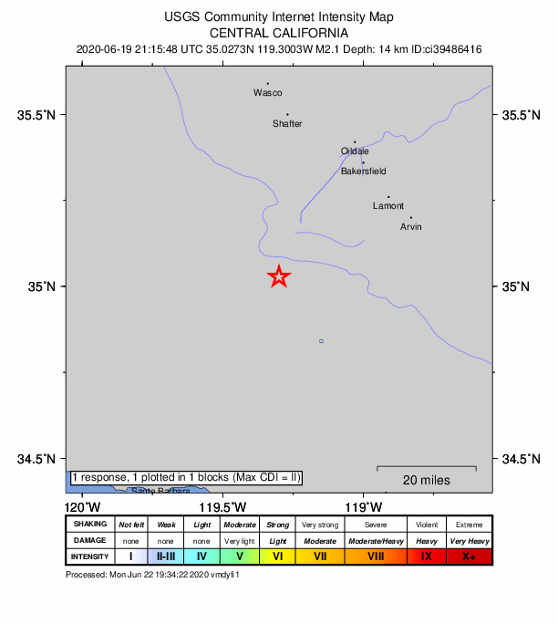 USGS DYFI community-reported intensity map for the M2.1 earthquake near 10km ESE of Maricopa, CA