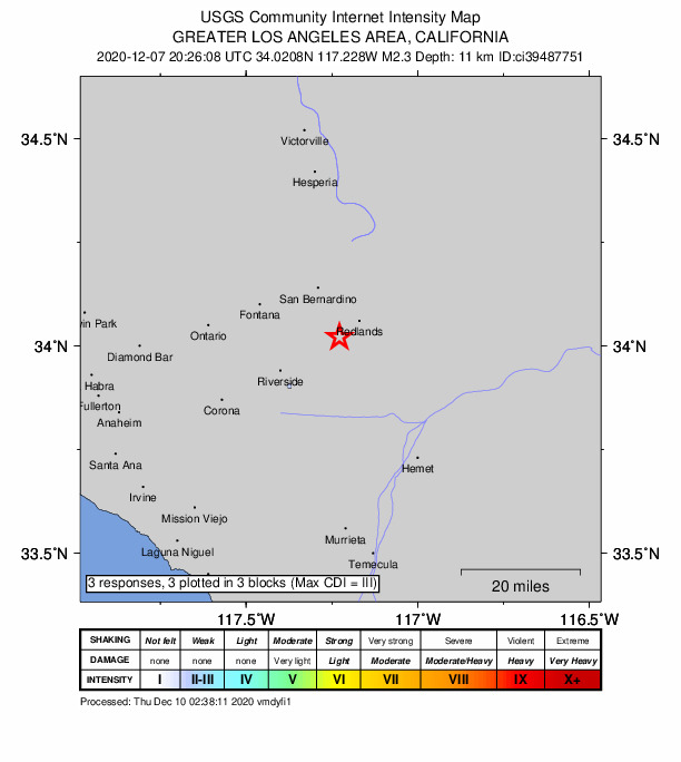 USGS DYFI community-reported intensity map for the M2.3 earthquake near 4km SE of Loma Linda, CA