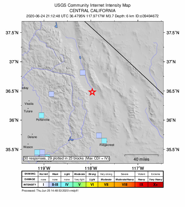USGS DYFI community-reported intensity map for the M3.7 earthquake near 15km SE of Lone Pine, CA