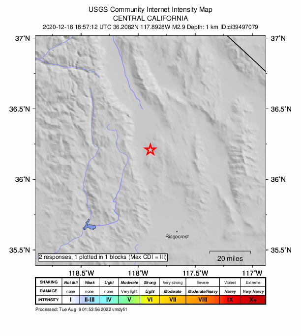 USGS DYFI community-reported intensity map for the M2.9 earthquake near 13km SE of Olancha, CA