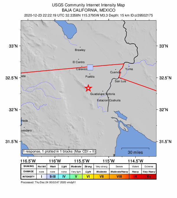 USGS DYFI community-reported intensity map for the M3.3 earthquake near 18km W of Delta, B.C., MX