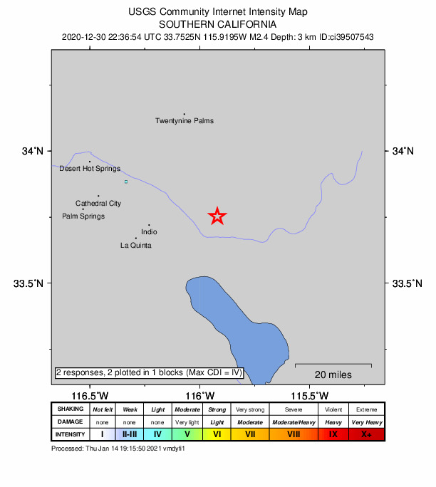 USGS DYFI community-reported intensity map for the M2.4 earthquake near 24km ENE of Thermal, CA