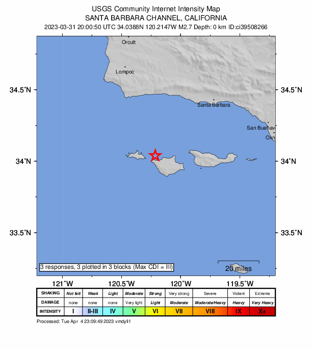 USGS DYFI community-reported intensity map for the M2.7 earthquake near 14km E of San Miguel Is., CA