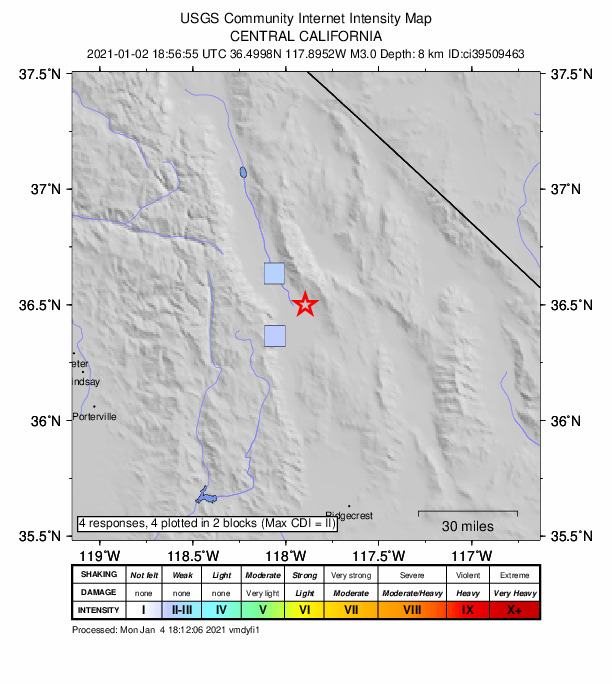 USGS DYFI community-reported intensity map for the M3.0 earthquake near 18km ESE of Lone Pine, CA