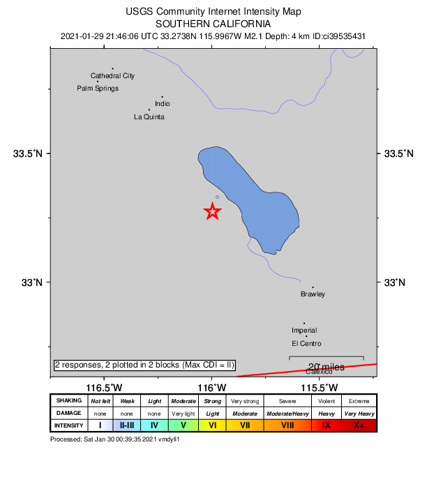 USGS DYFI community-reported intensity map for the M2.1 earthquake near 5km SW of Salton City, CA