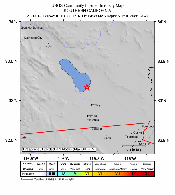 USGS DYFI community-reported intensity map for the M2.6 earthquake near 14km WNW of Calipatria, CA