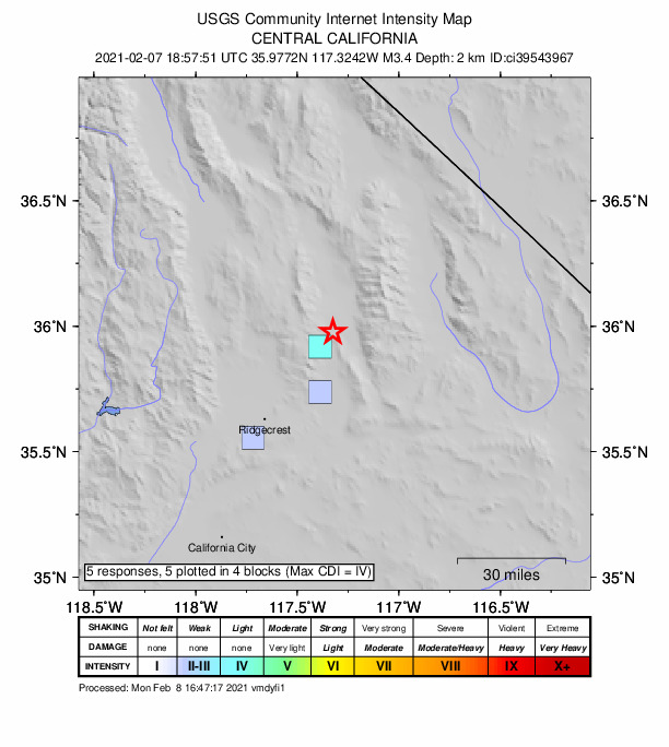 USGS DYFI community-reported intensity map for the M3.4 earthquake near 24km NNE of Trona, CA