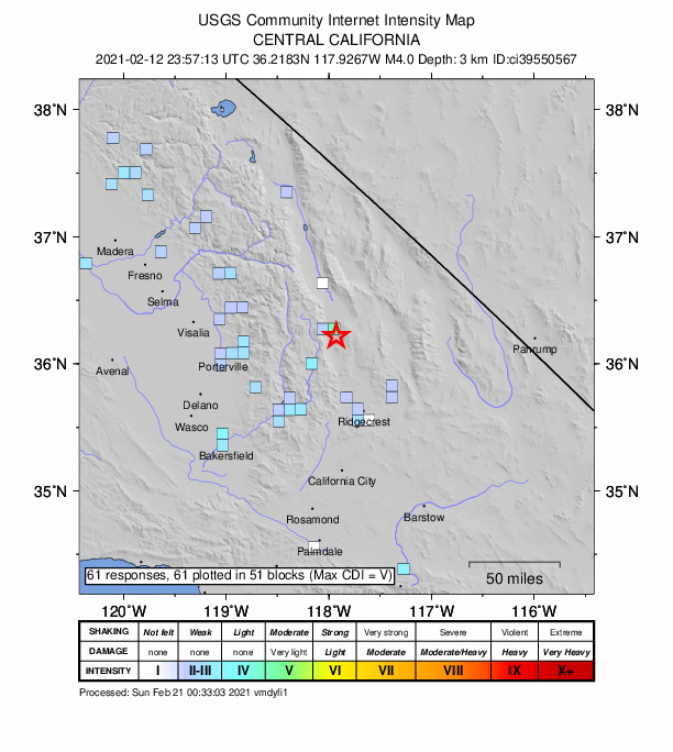 USGS DYFI community-reported intensity map for the M4.0 earthquake near 10km SE of Olancha, CA