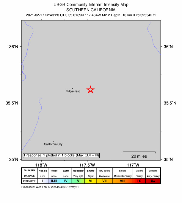 USGS DYFI community-reported intensity map for the M2.2 earthquake near 18km SSW of Searles Valley, CA