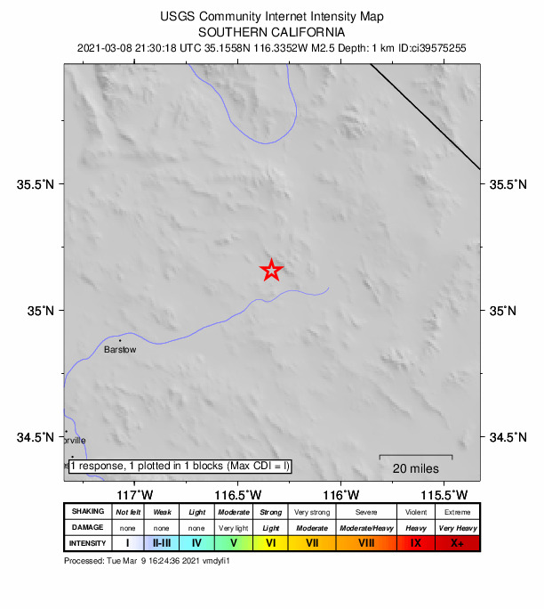 USGS DYFI community-reported intensity map for the M2.5 earthquake near 27km WSW of Baker, CA