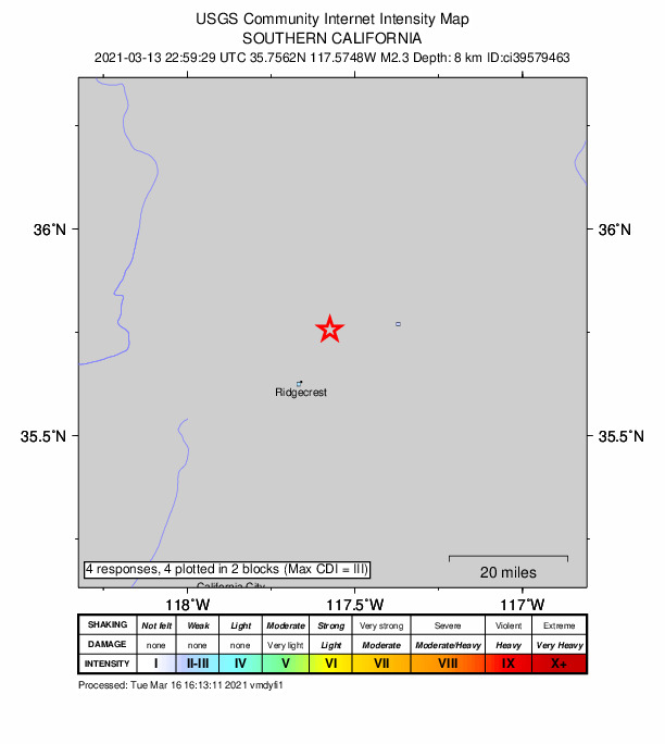 USGS DYFI community-reported intensity map for the M2.3 earthquake near 16km W of Searles Valley, CA
