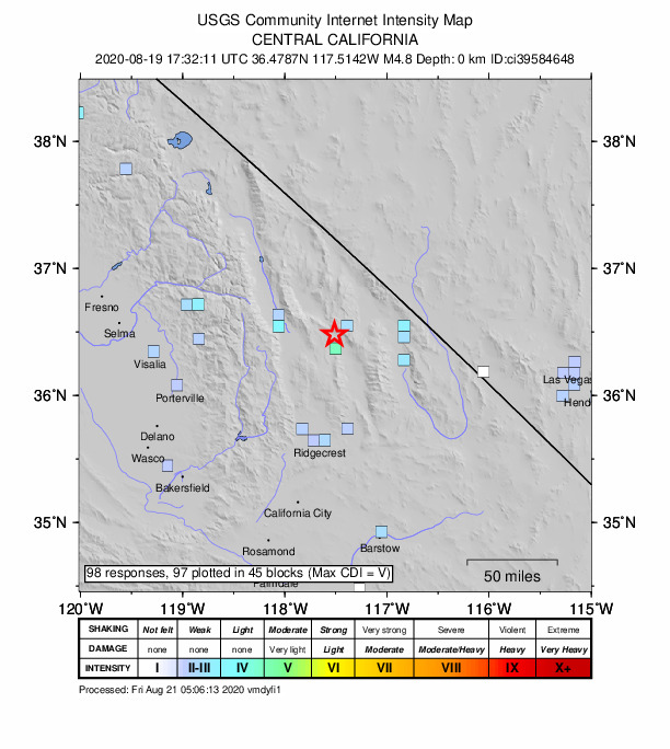USGS DYFI community-reported intensity map for the M4.7 earthquake near 36km WSW of Stovepipe Wells, CA