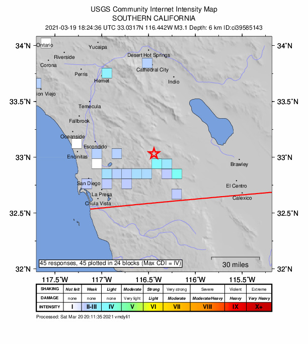 USGS DYFI community-reported intensity map for the M3.1 earthquake near 16km ESE of Julian, CA