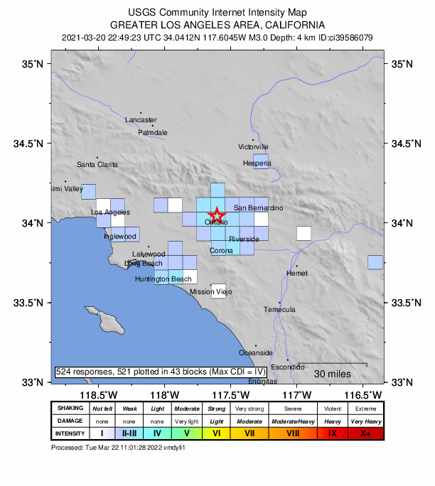 USGS DYFI community-reported intensity map for the M3.0 earthquake near 2km ESE of Ontario, CA