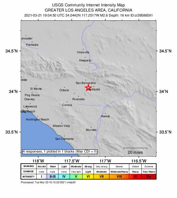 USGS DYFI community-reported intensity map for the M2.6 earthquake near 1km ESE of Loma Linda, CA