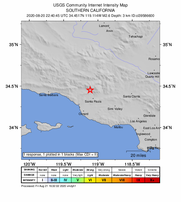 USGS DYFI community-reported intensity map for the M2.6 earthquake near 12km E of Ojai, CA