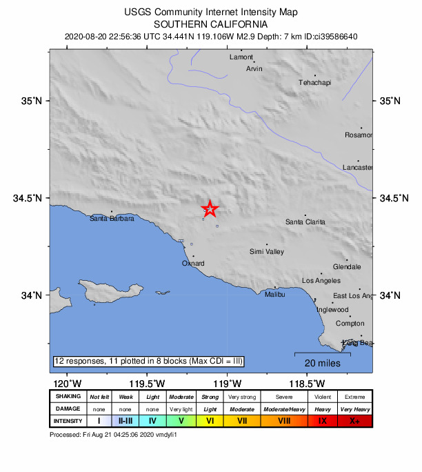 USGS DYFI community-reported intensity map for the M2.9 earthquake near 11km NNW of Santa Paula, CA