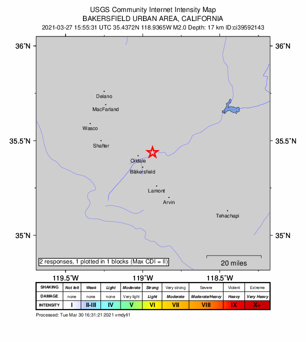 USGS DYFI community-reported intensity map for the M2.0 earthquake near 8km ENE of Oildale, CA