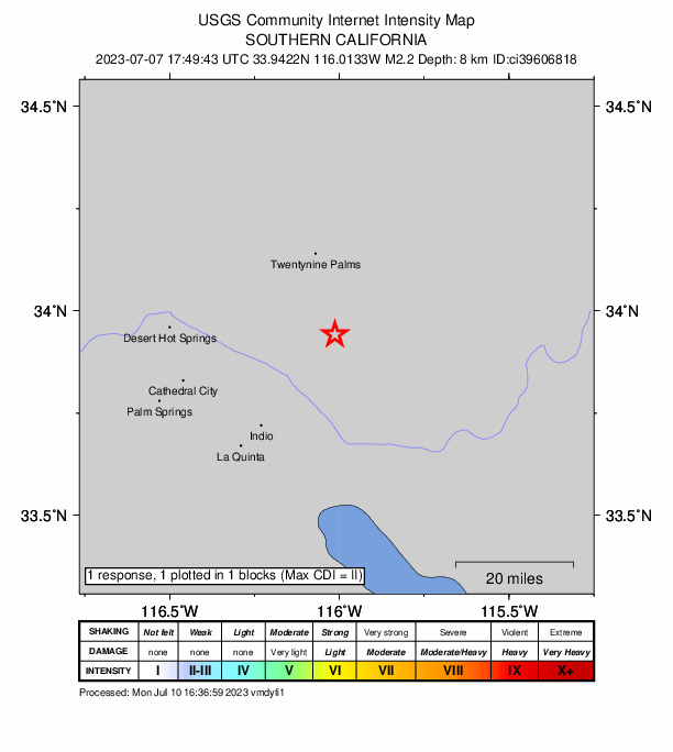 USGS DYFI community-reported intensity map for the M2.2 earthquake near 22km SSE of Twentynine Palms, CA
