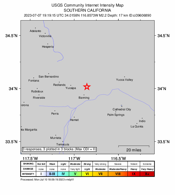 USGS DYFI community-reported intensity map for the M2.2 earthquake near 10km N of Banning, CA