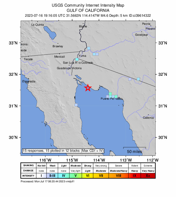 USGS DYFI community-reported intensity map for the M4.6 earthquake near 89km SE of Estacion Coahuila, B.C., MX